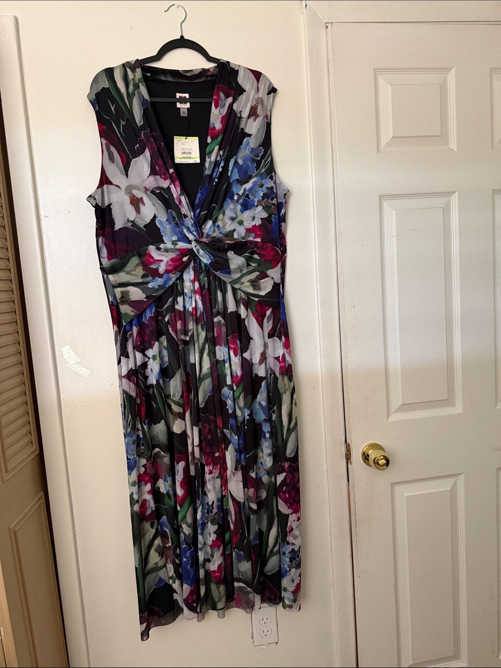 Anne Klein Floral Twist-Front Maxi Dress in Black, Blue & Burgundy